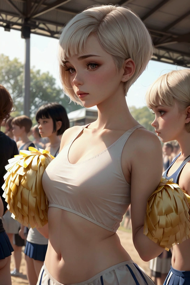 extra short hair,cheerleader,Pale Light,Pause at T,front,