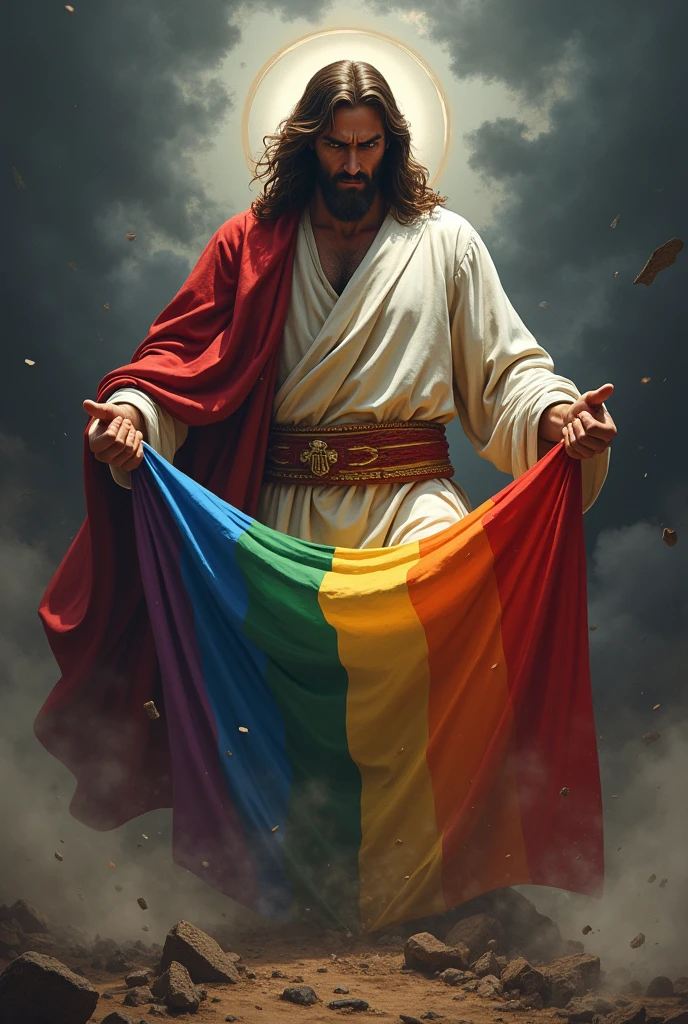 Angry Jesus crushing the LGBT multi-colored flag