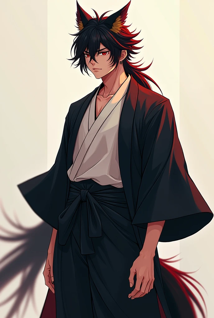 1 man, 1,83 tall, black hair with red, raza Ōkami, with a haori, anime style