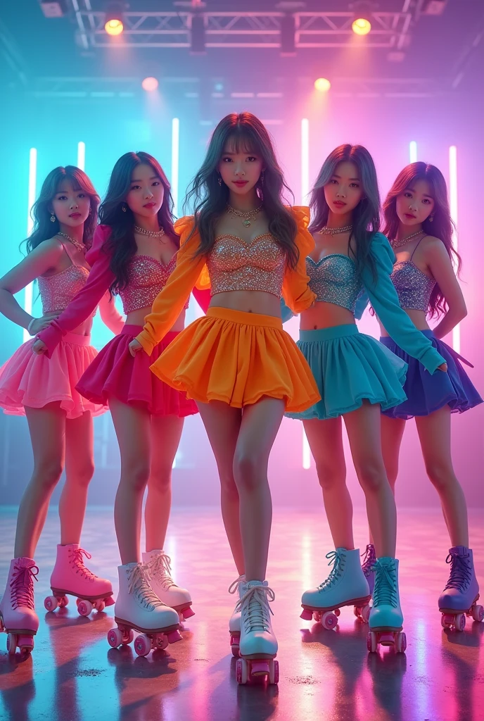 Girl kpop group with five girls with roller skates, with bright and colorful clothes, with colored hair in a setting with lights