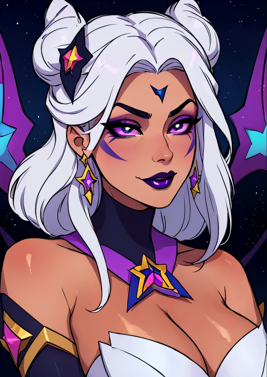 masterpiece, best quality, 1female, beautiful, face portrait, dark makeup, dark lipstick, face focus, starnemesismorgana, ((pantyhose), hair ornament, star guardian \(league of legends\), facial mark, neck ribbon, star \(symbol\), white hair), double bun, tanned skin