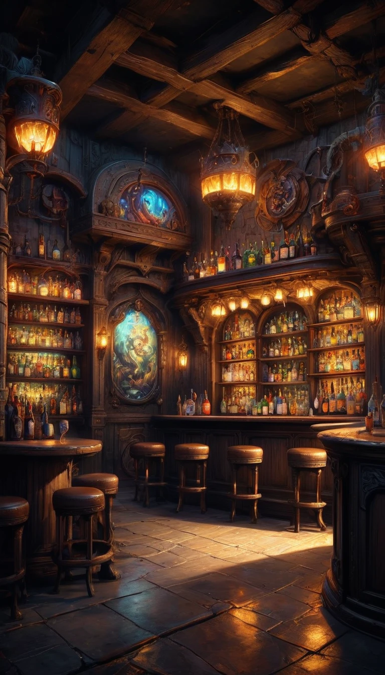 At the end of the dungeon, the bar is brightly lit, masterpiece, Best quality, perfect composition, very aesthetic, absurdity, ultra detailed, complex parts, professional, official art, Representative work