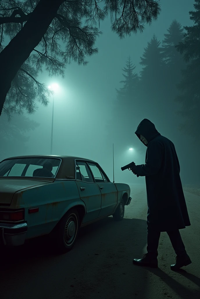 "A cold, foggy night in California, with a gloomy atmosphere. Show an old car, a 1960s model, parked in a secluded spot, surrounded by dense trees. Inside the car, a panicked couple: a woman with dark hair and a man with a look of terror. A masked man, dressed in dark clothes and a frightening white mask, approaches with a gun. Dramatic lighting, deep shadows, and a sense of urgency and fear." ,Pay attention to the background scene, very detailed. (masterpiece, best quality, hires, high resolution: 1.2), (extremely detailed, realistic, intricate details, high resolution),