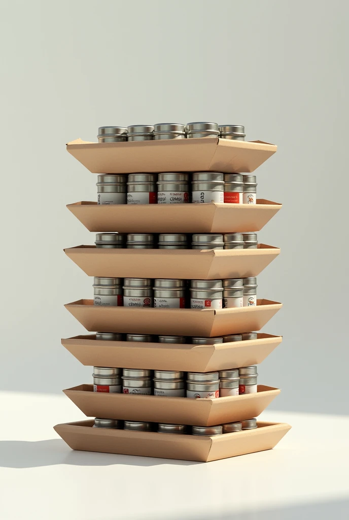 5 stacked cardboard trays, 10 tins in each tray
