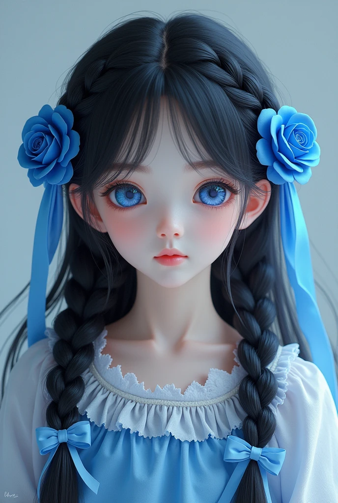 a young girl with long and fine wavy black hair, have a side parting, with hairstyle "braid short half from the top to the ear line of the head on both sides at the top of the side of the head and let the rest of the hair fall from the middle section above the ear line" with each sky blue ribbon and dark blue rose in the braid with a pleated fabric ribbon tail, has a blue ruby diamond pattern eye type like athanasia with californian coral gradation underneath has soft and smooth white skin (front facing pose)