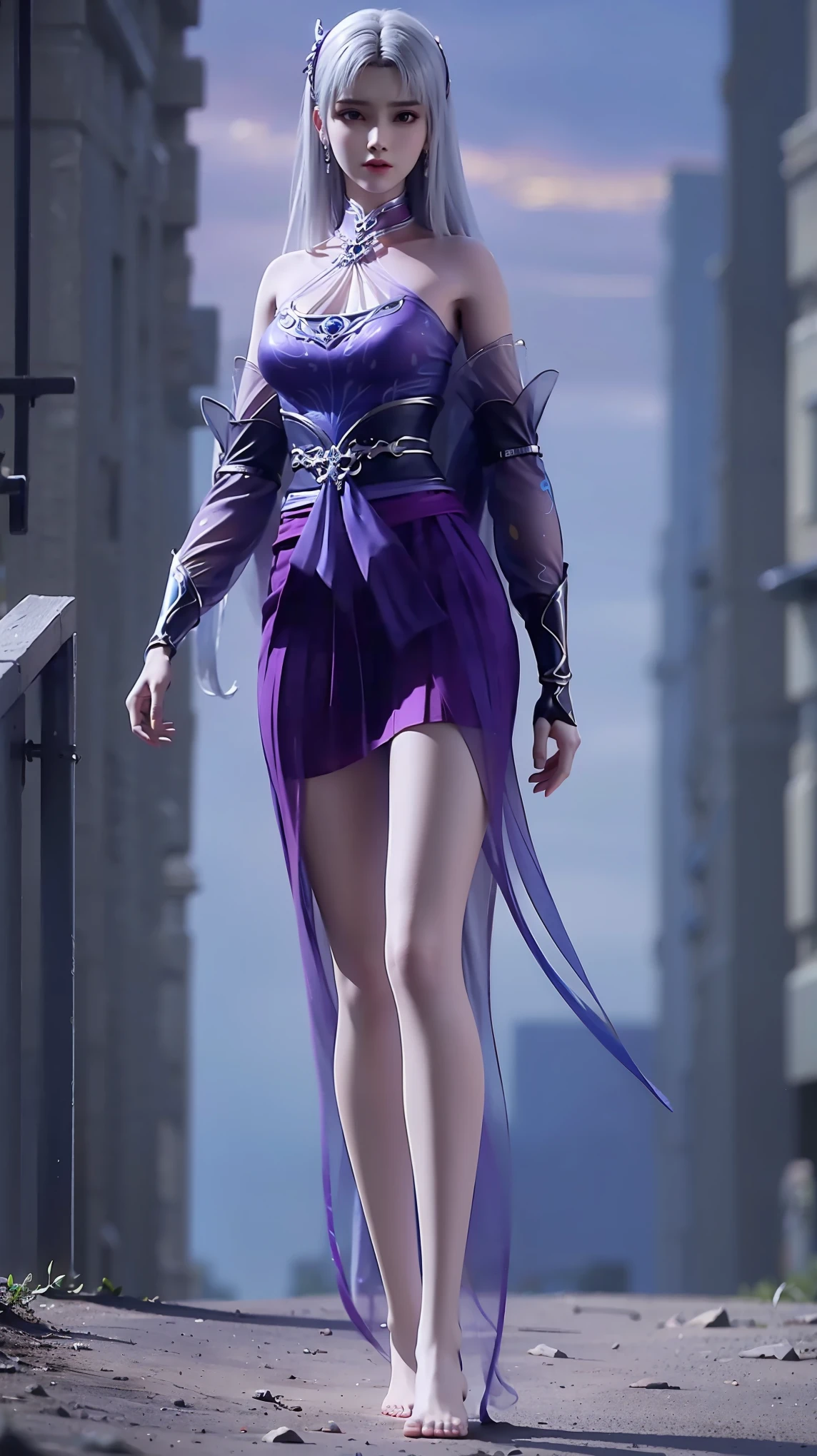 ((Biologically correct number of limbs))、(( Full body illustration from toes to face))、4K、masterpiece、((The eyes are delicately painted、Facial details、Focus on the face))、((Symmetrical, Balanced facial features))、Beautiful woman、Outstanding style、Beautiful clavicle、Beautiful legs、beautiful hands、slim body、(shirt、skirt、barefoot)、look up、High Angle、Background is night city、((Walking posture))