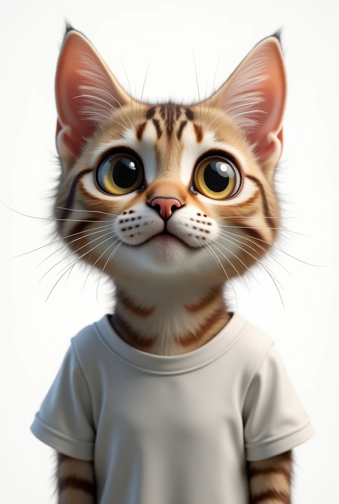 "A adult female cat. Looking straight ahead looks like a litle a human wearing a t-shirt. Background white. Cat face surprise