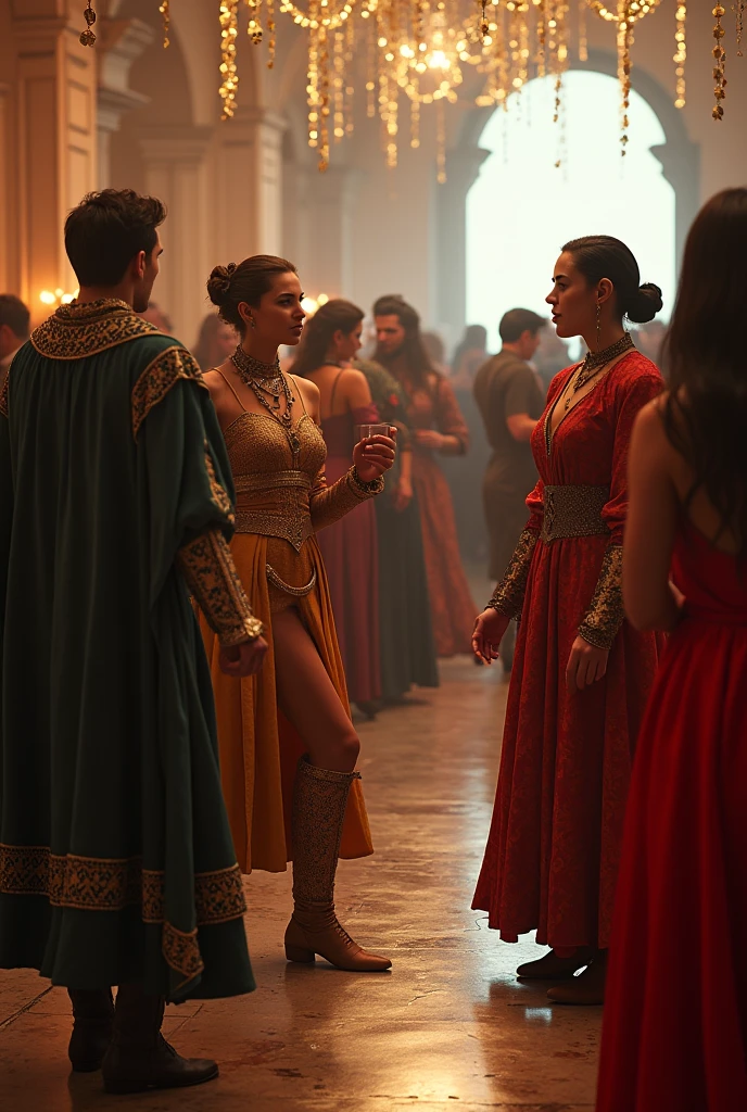 A party full of people wearing modern attire and cultural medieval clothing in the 21st century