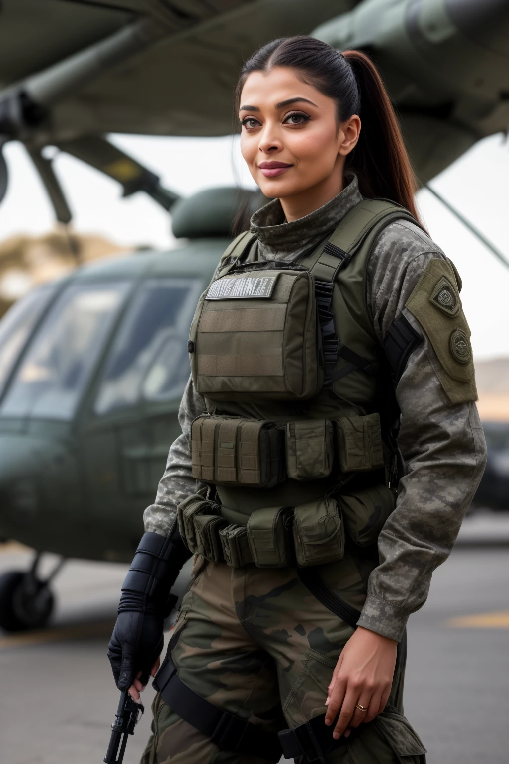 Full body photo of 50YO AISHWARYA RAI as ARMY MILF, WEARING FULL ARMY GEAR, COMBAT BOOTS, COMBAT GLOVES, KNEEPADS, CAMO PLATE CARRIER RIG, intricate details, depth of field, standing next to army helicopter, ((MOCKING SMILE)), PONYTAIL TIED HAIR, day scene, mature hourglass figure, look straight at camera, sexy 50 yo mature MILF, soft volumetric lights, intricate details, (ArtStation:1.2)