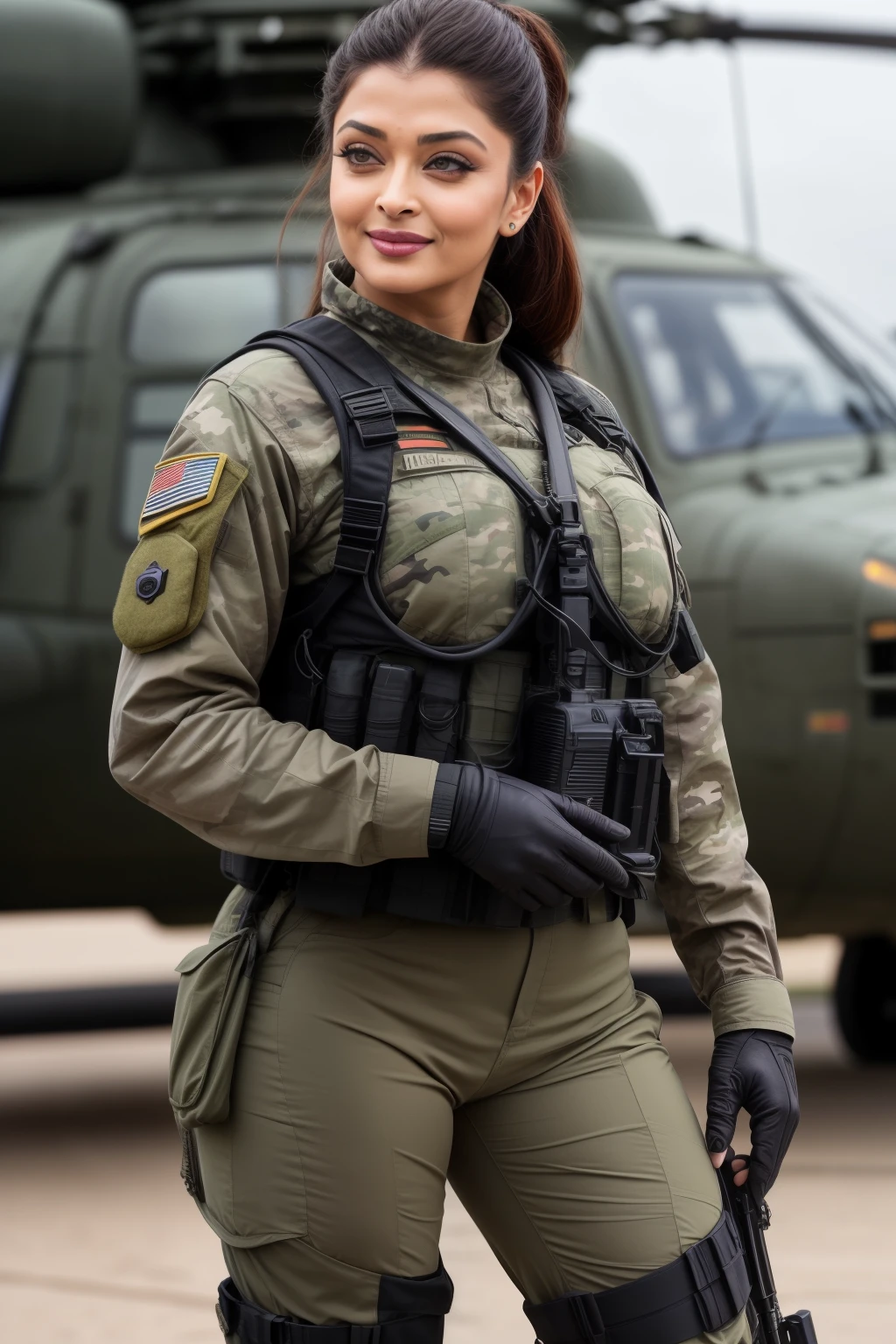 Full body photo of 50YO AISHWARYA RAI as ARMY MILF, WEARING FULL ARMY GEAR, COMBAT BOOTS, COMBAT GLOVES, KNEEPADS, CAMO PLATE CARRIER RIG, intricate details, depth of field, standing next to army helicopter, ((MOCKING SMILE)), PONYTAIL TIED HAIR, day scene, mature hourglass figure, look straight at camera, sexy 50 yo mature MILF, soft volumetric lights, intricate details, (ArtStation:1.2)