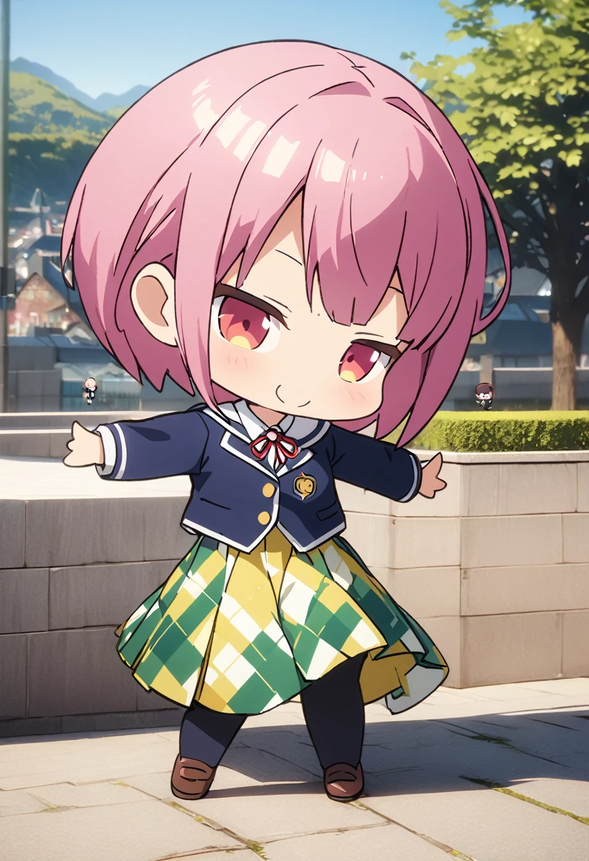 (Highest quality, 4K, 8k, High resolution, masterpiece:1.2), Very detailed, Picturesque, Animated Photography, Photo Animation:1.37)、Japanese schoolgirl、(Pink Hair)、(short hair)、(chibi:1.4),white shirt、Yellow-green checkered skirt,(high scool uniform:1.2)、navy blue jacket、standing、fashion model posing、Full body photography、Nakano ichika