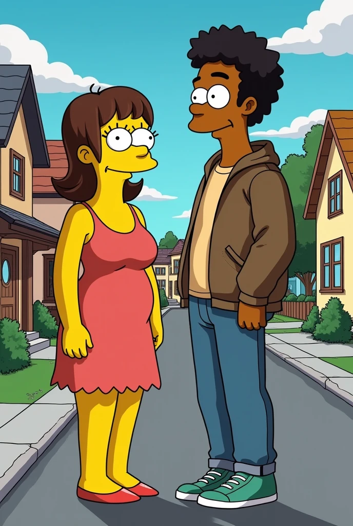 Create a cartoon version of the Simpsons of a short girl, a little robust with a lot of bust, with shoulder-length brown hair, already a tall dark brown boy with short curly hair