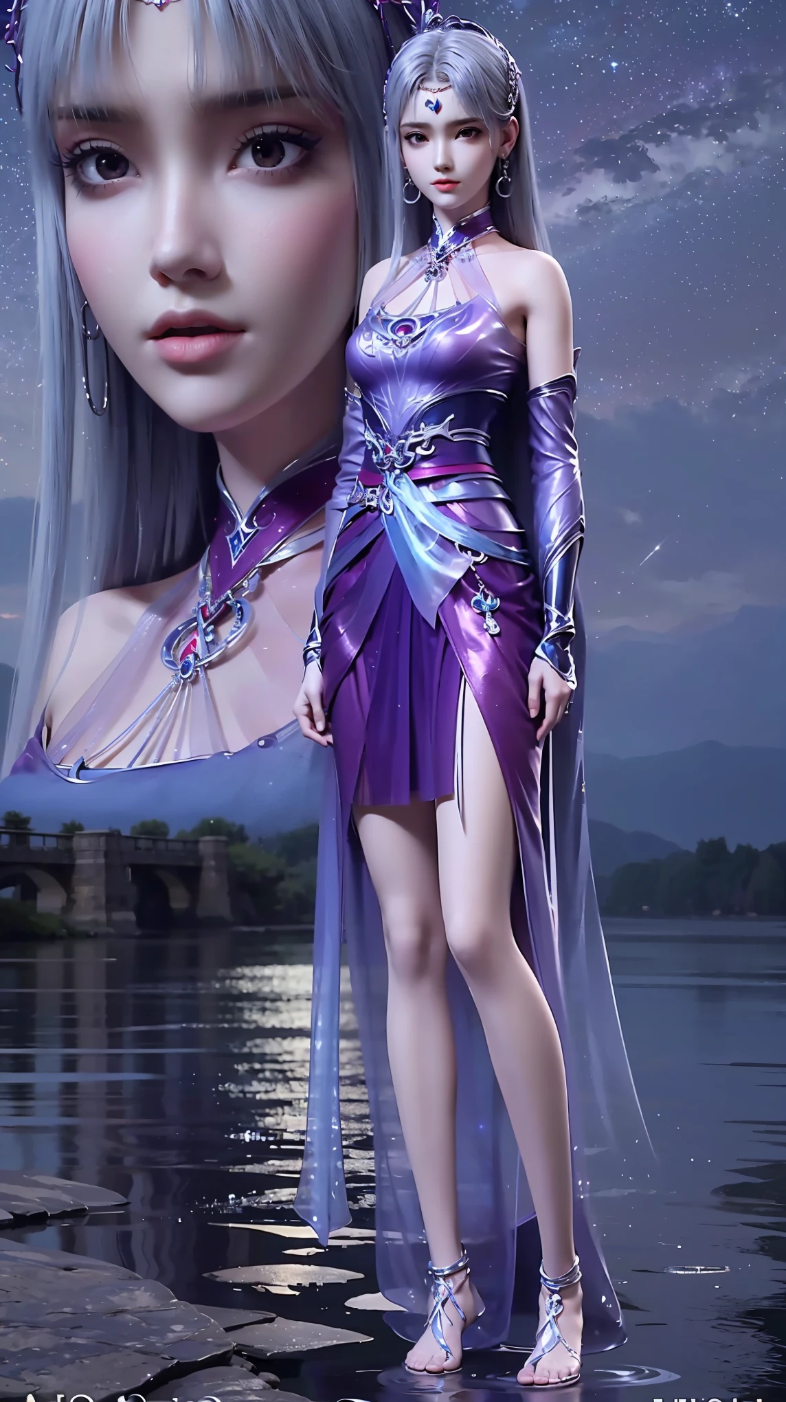 ((Biologically correct number of limbs))、(( Full body image(Including the face)))、4K、masterpiece、((Focus on the face))、((Symmetrical facial features))、The eyes are described in detail、Beautiful woman、Outstanding style、Beautiful arms、Beautiful legs、beautiful hands、(slim)、Facial details、Small earrings、necklace、(white shiny、Shiny dress、barefoot、radiant skin)、(Beautiful legsのアップ)、Sweat,Starry Sky,Starry Sky背景,Deep View,above water