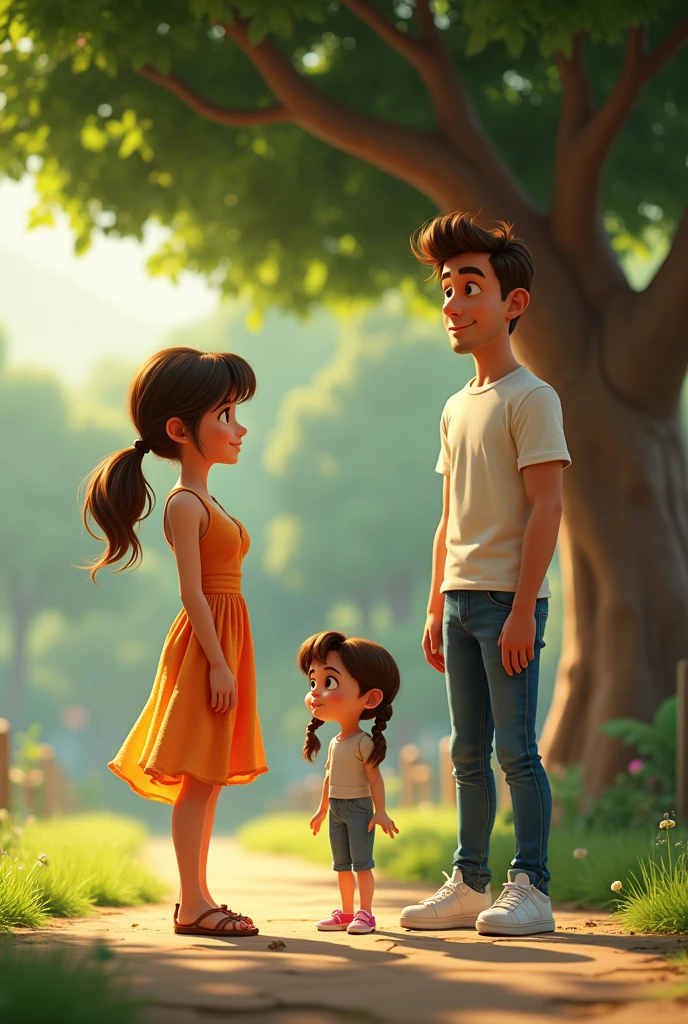 (character 1) short woman, by the wide, smooth chestnut,with dress and sandals..
(character 2) tall man of average build, short brown hair, wearing jins and white sneakers.
(character 3 ) girl, wavy brown hair with braids,wearing jins and white sneakers, all together, pixar style in a park