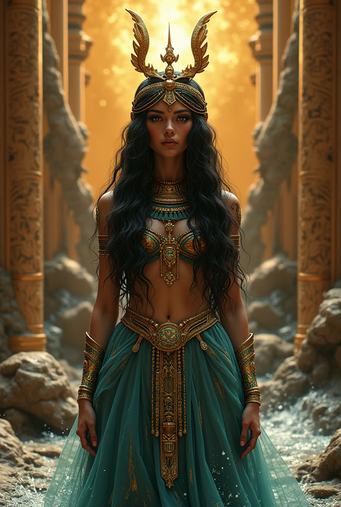Create an image of Tefnut, the goddess of moisture in Egyptian mythology, incorporating traditional Egyptian aesthetics such as gold accents, flowing robes, and water-themed motifs. Ensure the image is masterpiece, best quality, CG, wallpaper, HDR, high quality, ultra detailed face, cinematic, high detail, 8k, raw, high, artstation HQ, unreal engine, octane renderer, 4k resolution, hyperrealistic, highly detailed, and absurdres settings