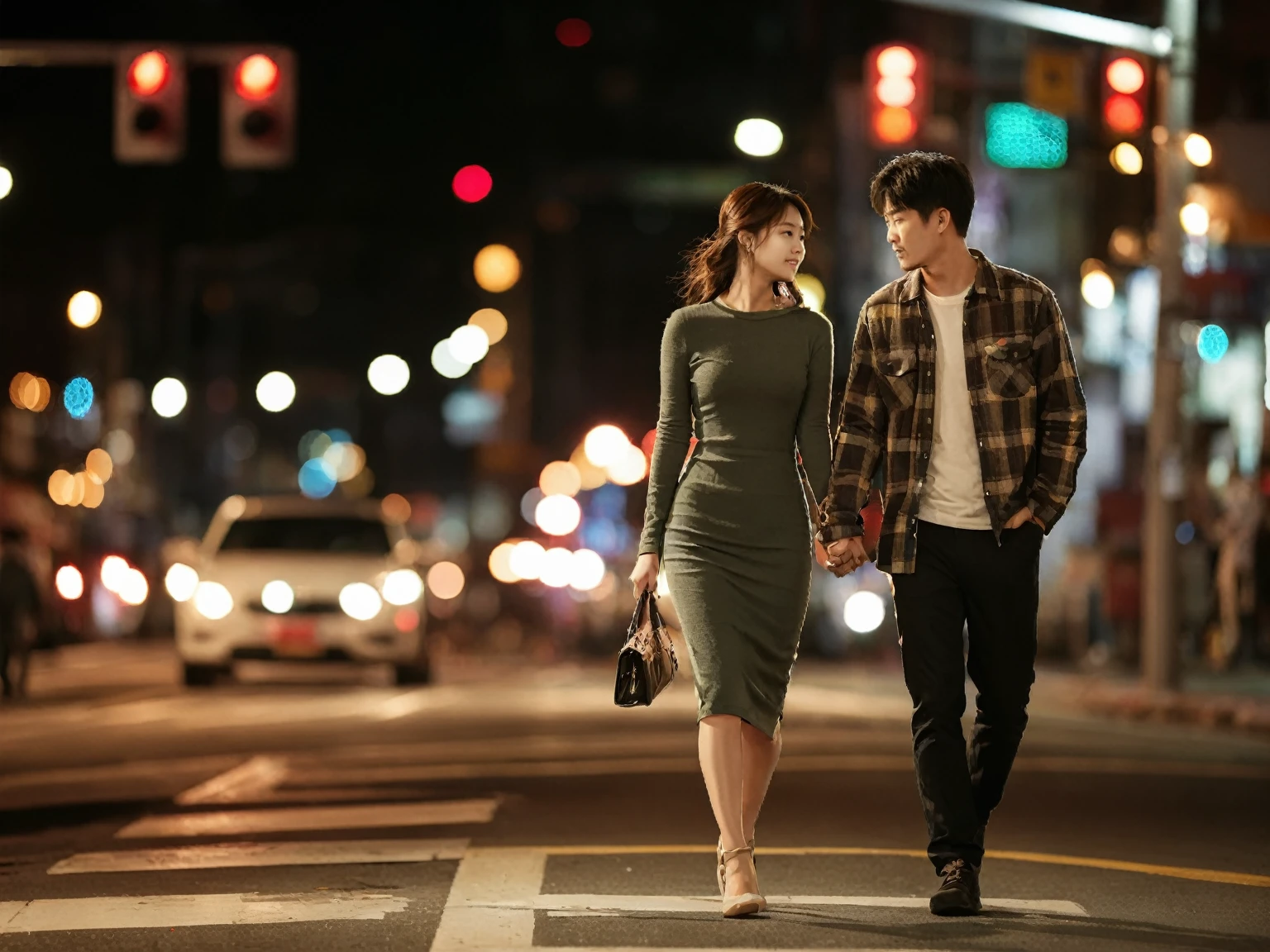 rompts
Copy
A striking, ultra-detailed image of a young Korean couple strolling hand-in-hand on a bustling night street. The man is dressed in a cozy flannel shirt, while the woman is clad in a stylish, form-fitting dress. The city lights and traffic signals illuminate their surroundings, casting a warm, inviting glow. The couple's expressions convey a deep connection and passion, as they share a tender moment in the vibrant urban setting.