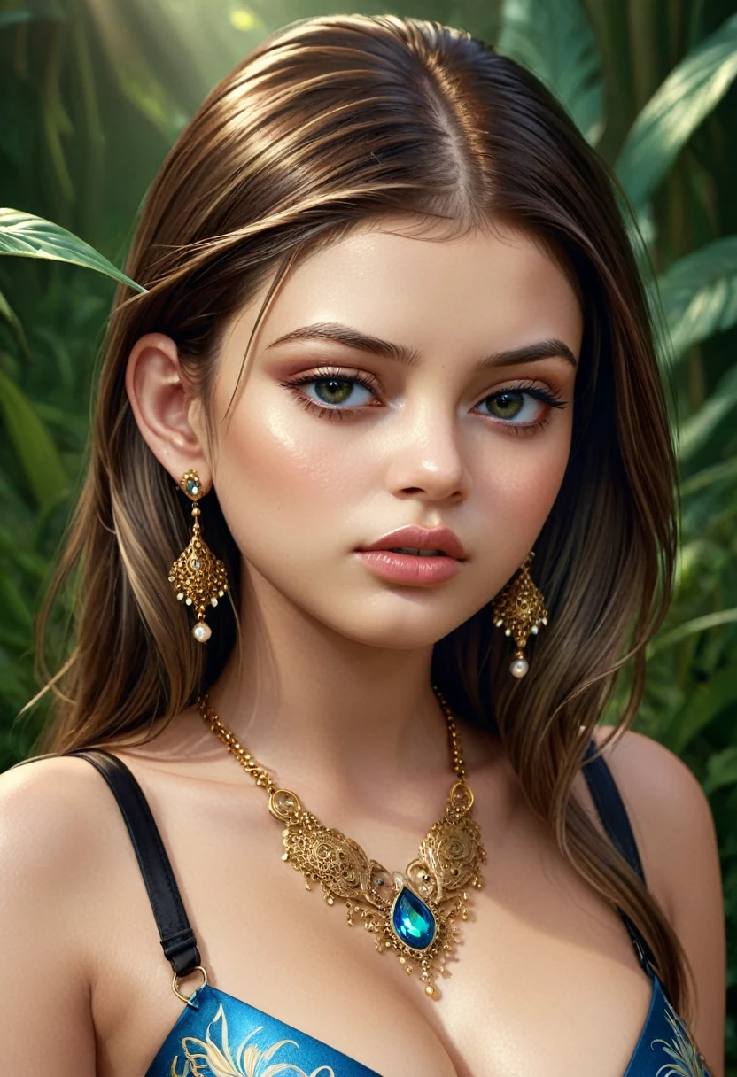 Foto hiperrealista en primer plano de (ALEXANDRA DADDARIO:0.5)(THYLANE BLONDEAU:0.5),(AISHWARYA RAI:0),20 years old,octane render. (photorealistic:1.4),(top-quality), (​masterpiece), (seductive pose: 1.2 ),( Sharply focused human skin:1.3),(seductive cleavage:1.4), Frivolous and scandalous, (hyperrealistic detailed skin:1.3), ( shiny skin:1.2),(subsurface scattering:1.4), intricate tattoos, long shiny hair decorated with precious jewels,exotic ornaments , (studio soft lighting:1.4), (surreal exotic natural surrounding in a royal garden: 1.4), (pouting lips drawn in ultra detail:1.4),The most beautiful girls ,8k,16k,trending on artstation,deviantart,detailxl, couple 