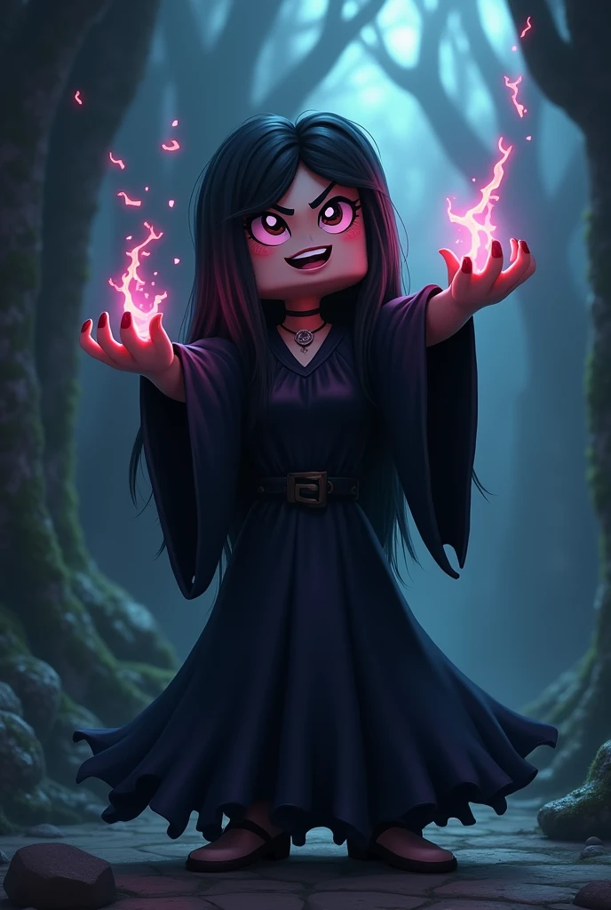 Creat a image of evil witch with black hair and both hand raise up in black dress. In cartoonist style like minecraft character
