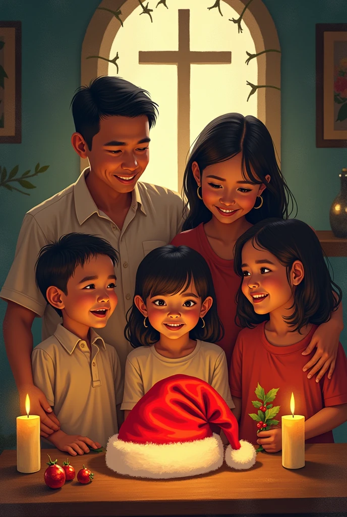 a christmas hat and a childhood philippine christmas experience together with 5 member family with church cross