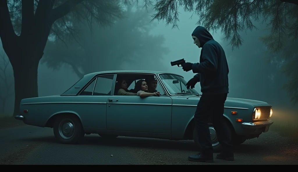 "A cold, foggy night in California, with a gloomy atmosphere. Show an old car, a 1960s model, parked in a secluded spot, surrounded by dense trees. Inside the car, a panicked couple: a woman with dark hair and a man with a look of terror. A masked man, dressed in dark clothes and a frightening white mask, approaches with a gun. Dramatic lighting, deep shadows, and a sense of urgency and fear." ,Pay attention to the background scene, very detailed. (masterpiece, best quality, hires, high resolution: 1.2), (extremely detailed, realistic, intricate details, high resolution),
