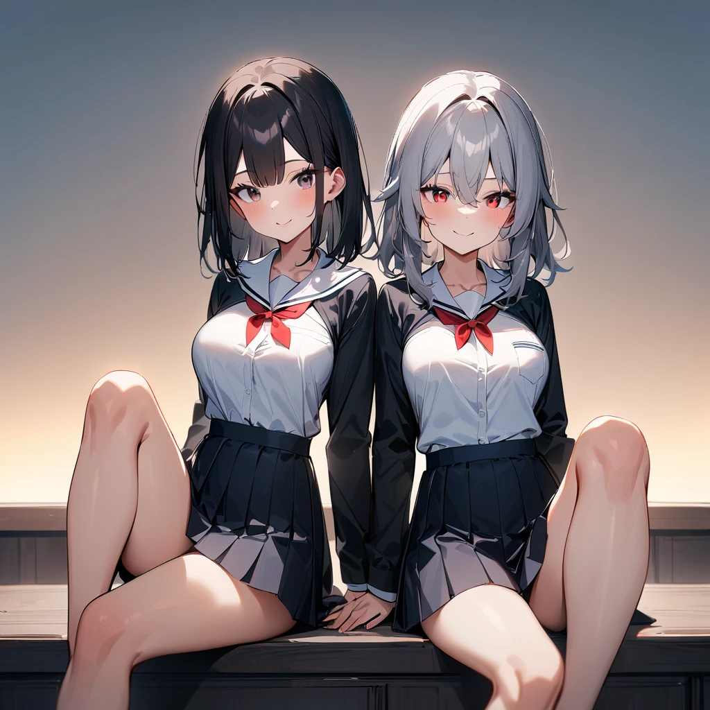 (2girls),adult,smile,school_uniform,White sailor,bareLegs,feet,barefoot,medium hair.black hair,gray hair,black eyes,red eyes,medium_breasts,breasts,masterpiece, best quality, very aesthetic, absurdres,front View,(straight-on),side by side,light,dynamic angles,(knee up),(masterpiece, best quality, very aesthetic, absurdres),sitting