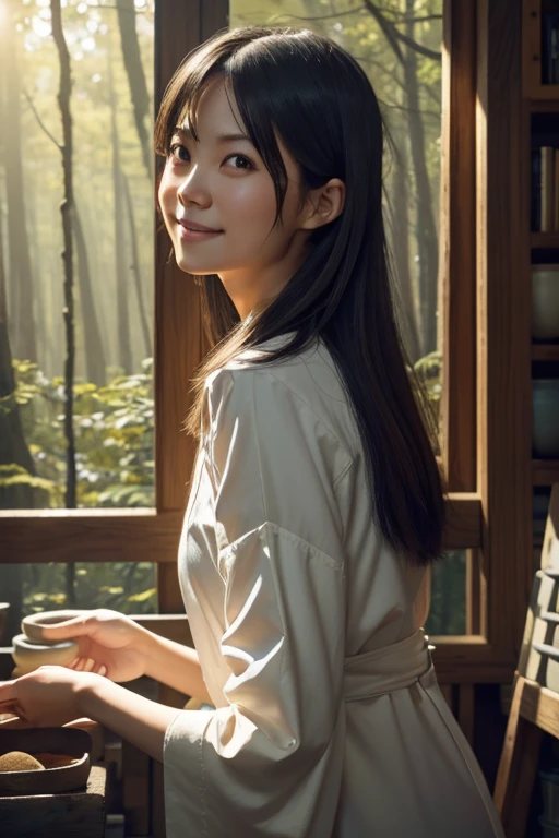 (8k, RAW photo, best quality, masterpiece), (photorealistic), outstanding details, ultra-high resolution, anatomically correct, textured skin, (Extremely precise and accurate anatomy),
Ultra Detailed Face, Detailed Eyes,
(Cute Japanese girl), light smile,
A potter working in her studio in the forest, She makes big pots out of clay,
cinematic lighting in the hair, hair light, wind in the hair,
A square in the forest,
(backlighting),
reflection light,
atmospheric perspective, depth of field,
(dramatic lighting), cinematic lighting,