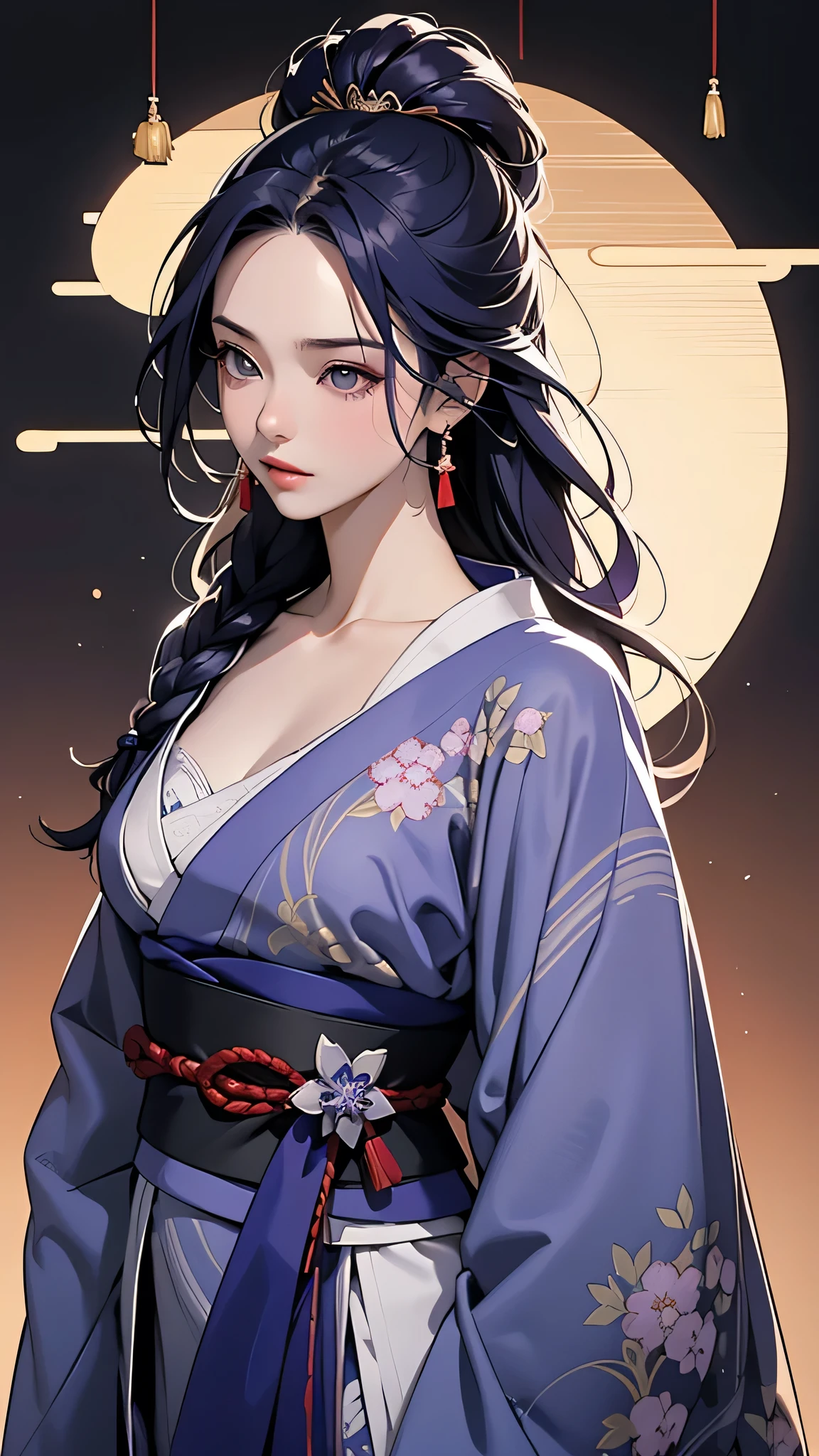 Overall image: The overall color tone of the Raiden Shogun is偏向 vine purple, which aligns with the symbolic color of the electro element, giving people a sense of dignity and majesty.
 
- Facial features: She has waist-length purple hair, braided into a long plait. The bangs are neat and soft, slightly parted from the left forehead. The long hair is not neatly tied up completely; instead, a wisp is left on the chest. Her pupil color is vine purple, and the eyelashes droop slightly. There is a tear mole on the left side of the eye. These features add a touch of tenderness to her originally stern temperament.
- Clothing and accessories: The Raiden Shogun wears a furisode kimono in a low-neck style. The parts that should originally be covered by the kimono are replaced with gradient close-fitting clothing. The bowknot-shaped accessory around the neck adds a few points of affability to her temperament. Her clothing has a single-sided furisode, breaking the convention of traditional kimonos and highlighting the beauty of asymmetry. The dark red obi makes the overall vine-colored clothing less monotonous. The gold and purple external decorations on it set off the main decoration, namely the purple gemstone engraved with the family crest pattern of the Raiden Shogun. The lower half of the kimono has also been modified for easier movement, changed from floor-length to a short hem. Combined with the wide and flowing back hem behind, the overall look retains dignity and grace.
- Hair accessories: The Raiden Shogun's hair is adorned with folding fan-shaped hair accessories and flowers, all of which are symbolic symbols of Inazuma. Folding fan-shaped headdresses and fish tail-shaped hairpins are not uncommon among noble women in the Japanese era. Paired with the golden tassels hanging between the hair accessories, it shows her noble posture even more.
- Back features: The Raiden Shogun's back has complex fabrics and patterns. Compared to the simplicity of the front clothing's i