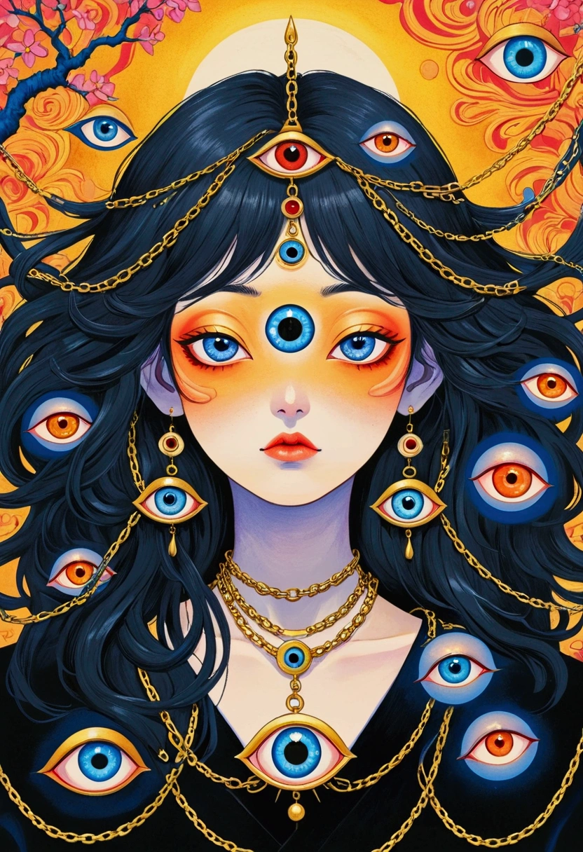 There is a big eye in the painting，There are chains around, Japanese pop surrealism, Japanese pop surrealism, Dazzling, 清澈s eyes, eyeball, Fantasy psychedelic anime, author：Hiroshi Arakawa, Portrait of a mysterious giant eye, The Third Eye睛, The Third Eye, inspired author：Hiroshi Arakawa, All-Seeing Eye, s eyes