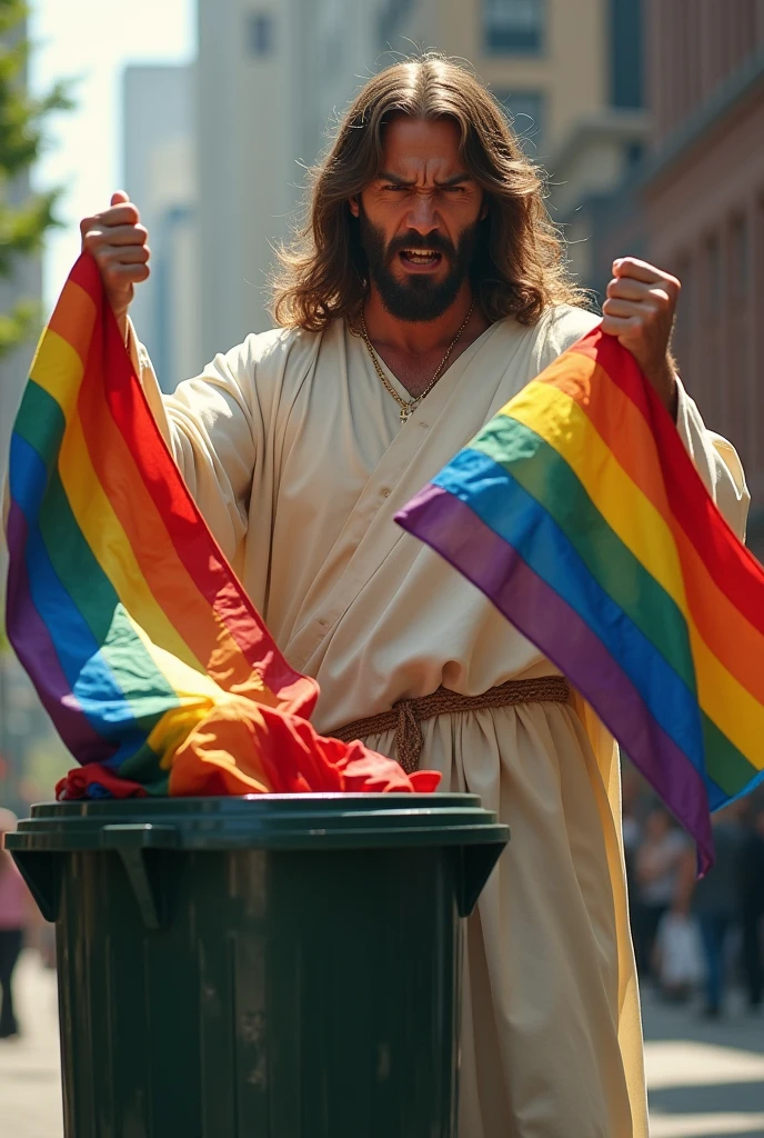 Angry Jesus throwing the multicolored LGBT flag in a ball into a trash can