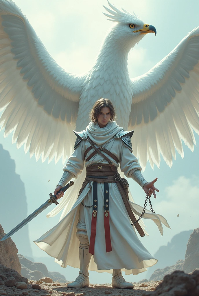 Ninja with thin air power white skin color, with white armor with red and black, brown hair color, He has in his left hand an ounce with a chain that is wrapped around his right hand, with a pet hippogriff spreading its wings and neighing with its beak open showing its claws.