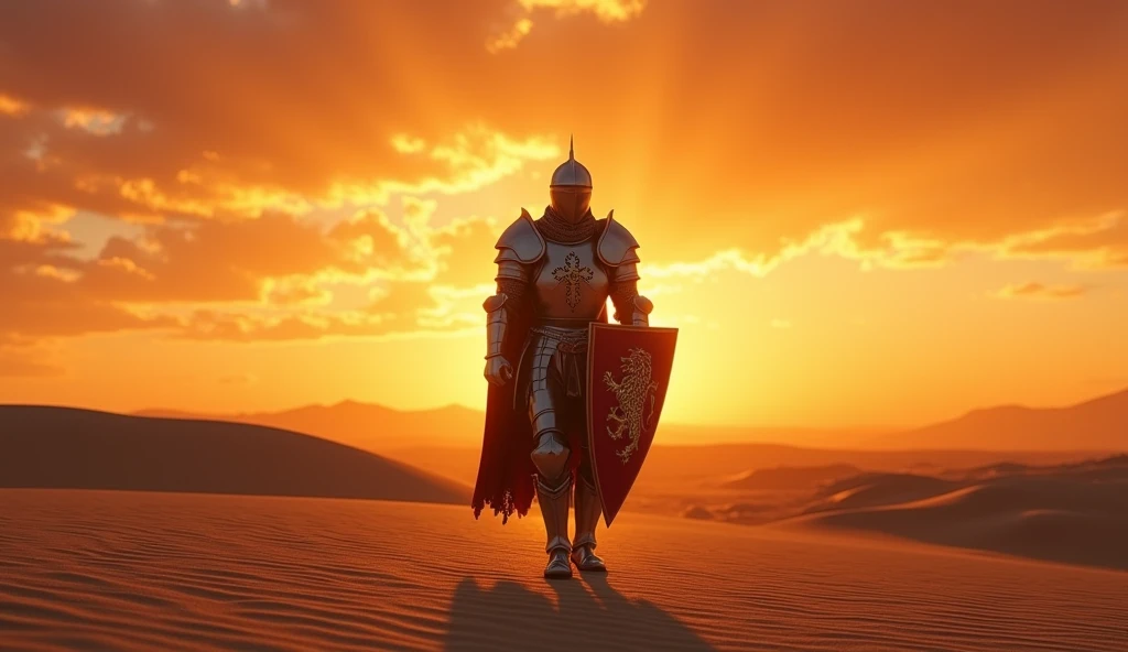 A highly realistic, high-contrast, 8K HD, detailed, hyper-detailed image of a lone medieval knight with a lion emblem on his chest, walking through the desert at sunset, clad in steel armor with his helmet fully covering his face, the warm, golden light of the setting sun casting long shadows across the sand, the sky ablaze with vibrant hues of orange and red, creating a dramatic and solitary atmosphere, ultra-high resolution, RAW photo quality, Unreal Engine rendering, capturing the knight's determination as he strides forward under the evening sky.
