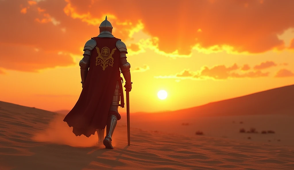 A highly realistic, high-contrast, 8K HD, detailed, hyper-detailed image of a lone medieval knight with a lion emblem on his chest, walking through the desert at sunset, clad in steel armor with his helmet fully covering his face, the warm, golden light of the setting sun casting long shadows across the sand, the sky ablaze with vibrant hues of orange and red, creating a dramatic and solitary atmosphere, ultra-high resolution, RAW photo quality, Unreal Engine rendering, capturing the knight's determination as he strides forward under the evening sky.