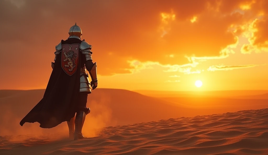 A highly realistic, high-contrast, 8K HD, detailed, hyper-detailed image of a lone medieval knight with a lion emblem on his chest, walking through the desert at sunset, clad in steel armor with his helmet fully covering his face, the warm, golden light of the setting sun casting long shadows across the sand, the sky ablaze with vibrant hues of orange and red, creating a dramatic and solitary atmosphere, ultra-high resolution, RAW photo quality, Unreal Engine rendering, capturing the knight's determination as he strides forward under the evening sky.