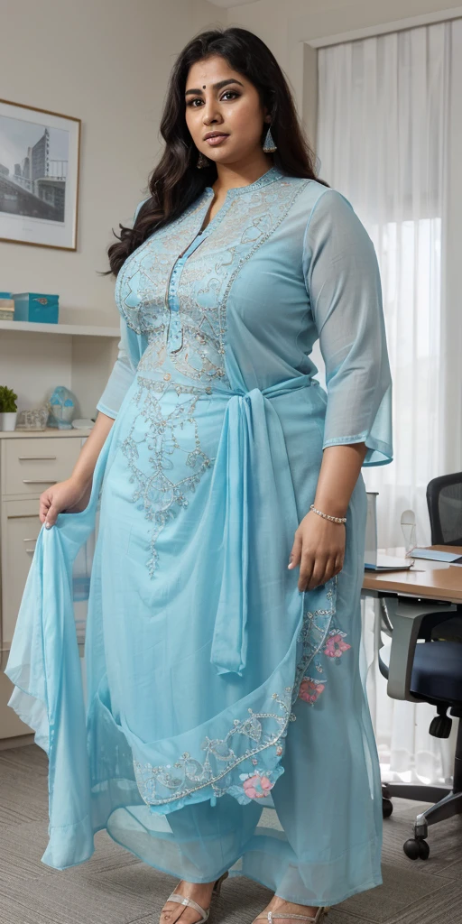 Day scene, A radiant, full-figured South Indian 35 year old aunty a cream colour chiffon short frock, standing, in a office, captured in a full-body image with vibrant hues and meticulous details. Full body image