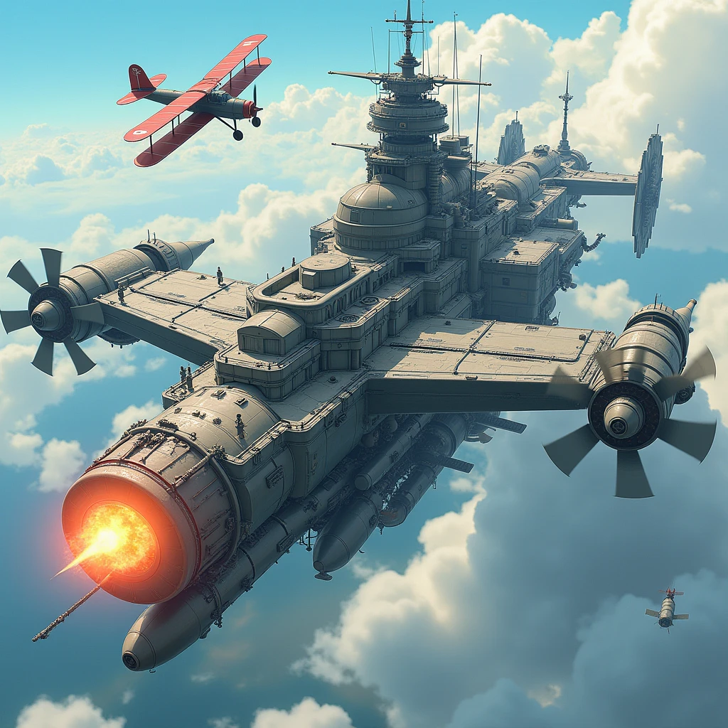 (Highest quality,Extremely detailed depiction,Incredible high resolution),Aerial戦艦:1.3,Flying Battleship,Goliath,propeller:1.3,Main gun,plane,explosion,Main gun発射,Dragon,background:Aerial,The world of steampunk,High quality anime drawings