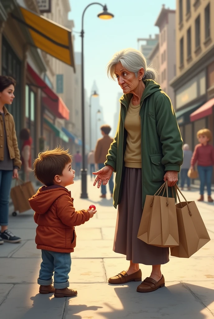 A kid walking holding a candy and saw an old lady struggling to hold some groceries
