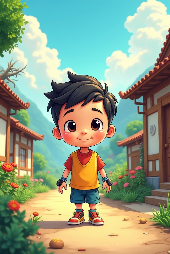 A cartoon ai boy pic full image stay in village
