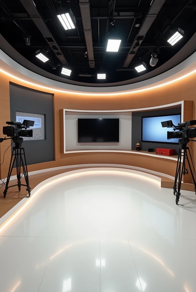 create a news studio. the colors must be different shades of brown and grey. There are table, TV's, and Cameras. The floor is white. No people 