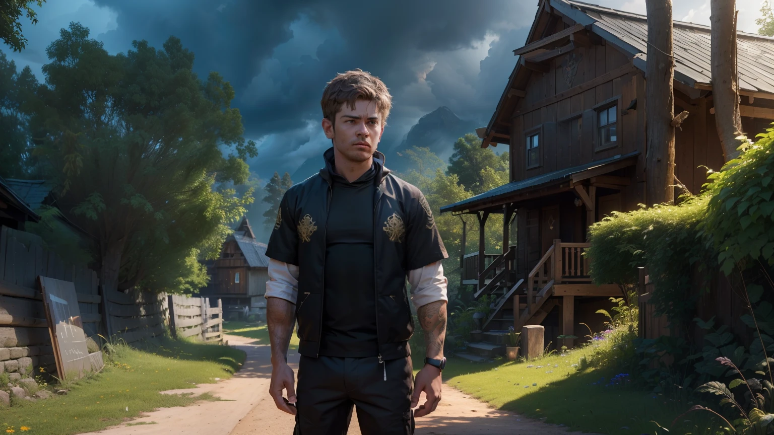 A humble-looking young man stands on the edge of a small isolated village, surrounded by dense forests. The sky is cloudy, with signs of a storm approaching. The village is simple, with wooden houses and narrow paths, reflecting a peaceful yet secluded life. (Shiny Egyptian Ornaments),High Resolution,Sharp Focus,(Ultra Detailed,Extremely Detailed), (Boy),(Photorealistic Art:1.37),(Extremely Detailed CG Unity 8k Wallpaper),(((Vibrant Colors,Vibrant Theme))),(Intricate),(Artwork),(Best Quality),Artistic Photography,(Photograph Taken By Sldr),(Intricate Background),Perfect Rendered Face,Perfect Face Details,Realistic Face,Photorealistic,(((Intricate Detail)),(((Realism)))