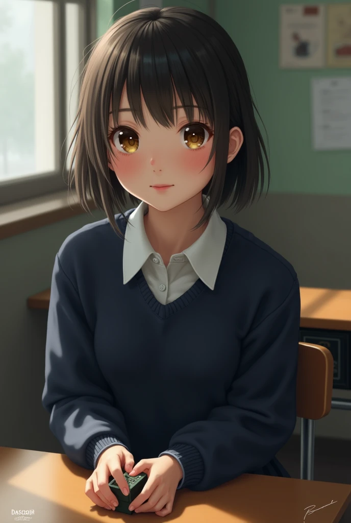 Highest quality, Face Focus, Soft Light, Ultra-high resolution, (Realistic:1.4), RAW Photos, 1 Japan, alone, cute, (A shy smile:0.5), (Brown eyes, Light in your eyes), Beautiful face in every detail, (Small box),(High resolution detail of human skin texture), (Short Bob Hair), break, In the classroom,Navy uniform, Best, skirt
