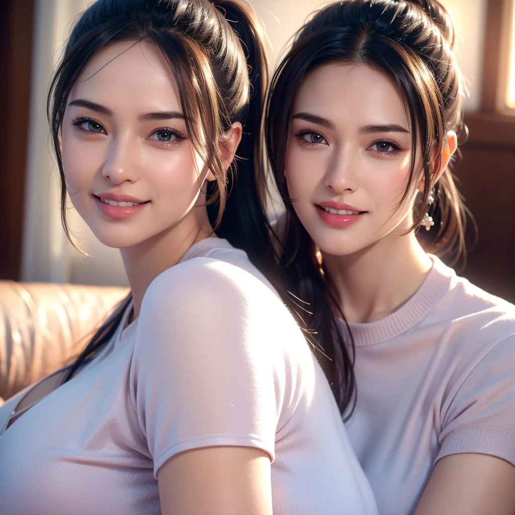 a gorgeous busty woman, ponytail, daily outfit, casual outfit, beautiful detailed smile, beautiful detailed teeth, POV, lover, cinematic dramatic lighting, (best quality,4k,8k,highres,masterpiece:1.2),ultra-detailed,(realistic,photorealistic,photo-realistic:1.37),HDR,UHD,studio lighting,ultra-fine painting,sharp focus,physically-based rendering,extreme detail description,professional,vivid colors,bokeh,portrait,photorealistic,cinematic
