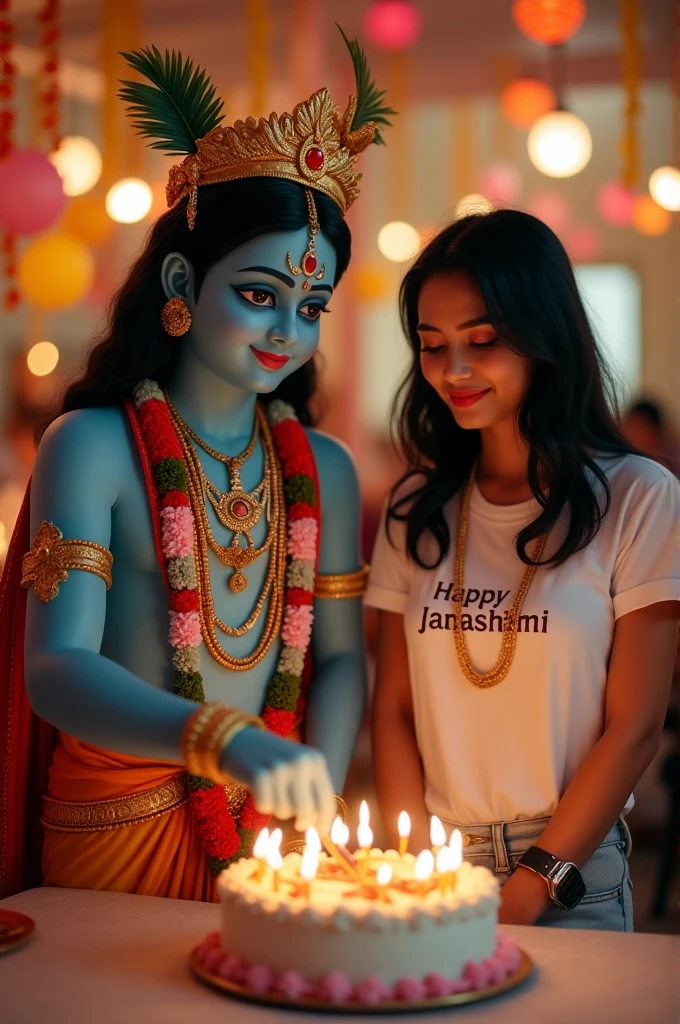 A real image shows Lord Krishna cuttings a birthday round cake on the table which has "Happy Janmashtami" clearly written in big letters, and standing next to him is a real wearing a white
Black T-shirt which has "saloni" clearly written on T-shirt, the girl is wearing a watch bracelets, stylish black hair, the two are in a love temple, the temple is decorated with beautiful lights and balloons. make name must be visible.