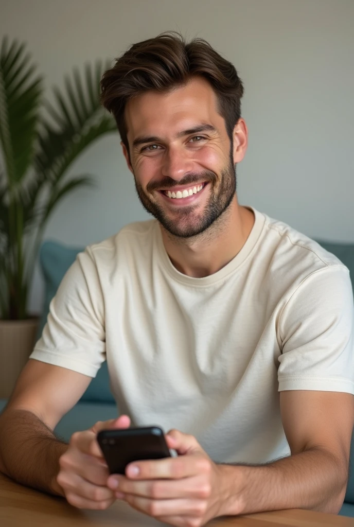  A 30-year-old man with a modern and friendly appearance. He has a warm expression and a sincere smile.., which conveys closeness and trust. 

She is dressed casually in neutral colored clothing, which include soft and natural tones such as beige or light grey. The style is simple but elegant, reflecting a homely and accessible aesthetic. The avatar focuses primarily on the person and the device, con detalles nítidos y realists que lo hacen fácil de identificar a primera vista,looking forward ,portrait,realist,4k