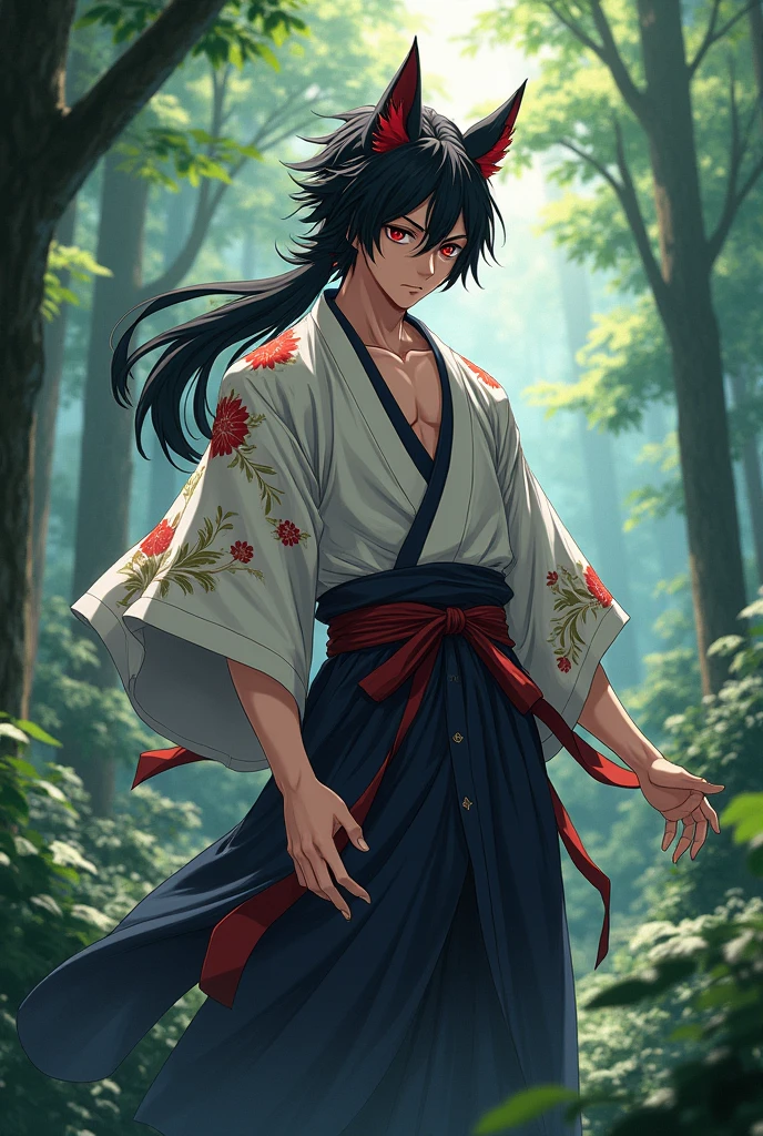 20 year old man, 1,78 tall, black hair with red, raza Ōkami, with a haori, anime style