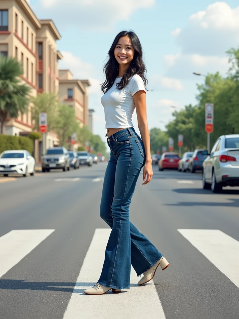 A young female football player with a very beautiful face, fair and smooth skin, a golden ratio figure, wearing a fitted short sleeved T-shirt, ironless bell bottoms, ankle coverage, slim waist, wide hips, hourglass figure, beige socks, white low heeled leather shoes, standing on the roadside in the park with her legs spread apart, the ground in front of her feet wide, and her hands on her hips. Black wavy hair, smiling, looking at you affectionately. Realistic, 8K,
