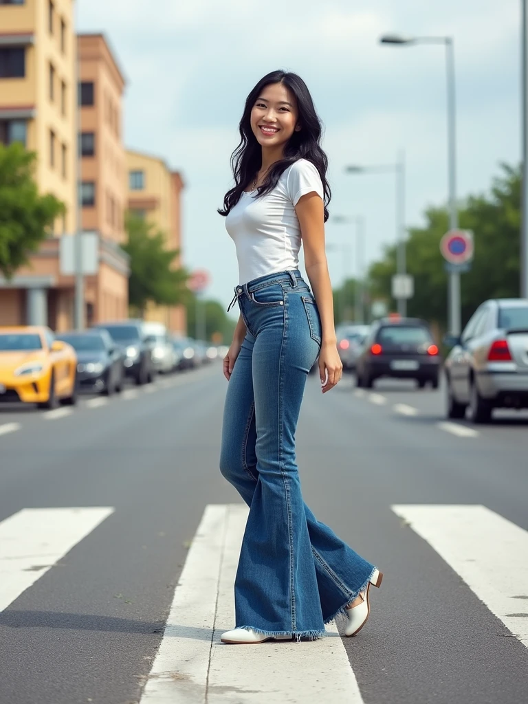 A young female football player with a very beautiful face, fair and smooth skin, a golden ratio figure, wearing a fitted short sleeved T-shirt, ironless bell bottoms, ankle coverage, slim waist, wide hips, hourglass figure, beige socks, white low heeled leather shoes, standing on the roadside in the park with her legs spread apart, the ground in front of her feet wide, and her hands on her hips. Black wavy hair, smiling, looking at you affectionately. Realistic, 8K,