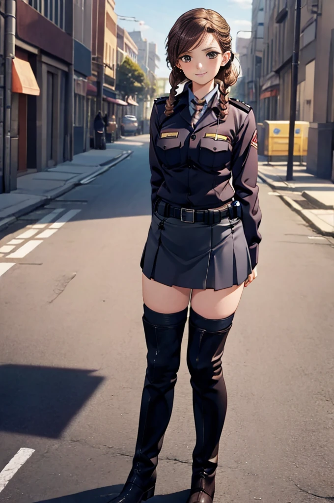 masterpiece,high resolution,1girl,solo,full body,woman,light smile,blush,medium breasts,skinny,realistic,20age,bar,aihaibara,police officer,miniskirt,earrings,braided boots,