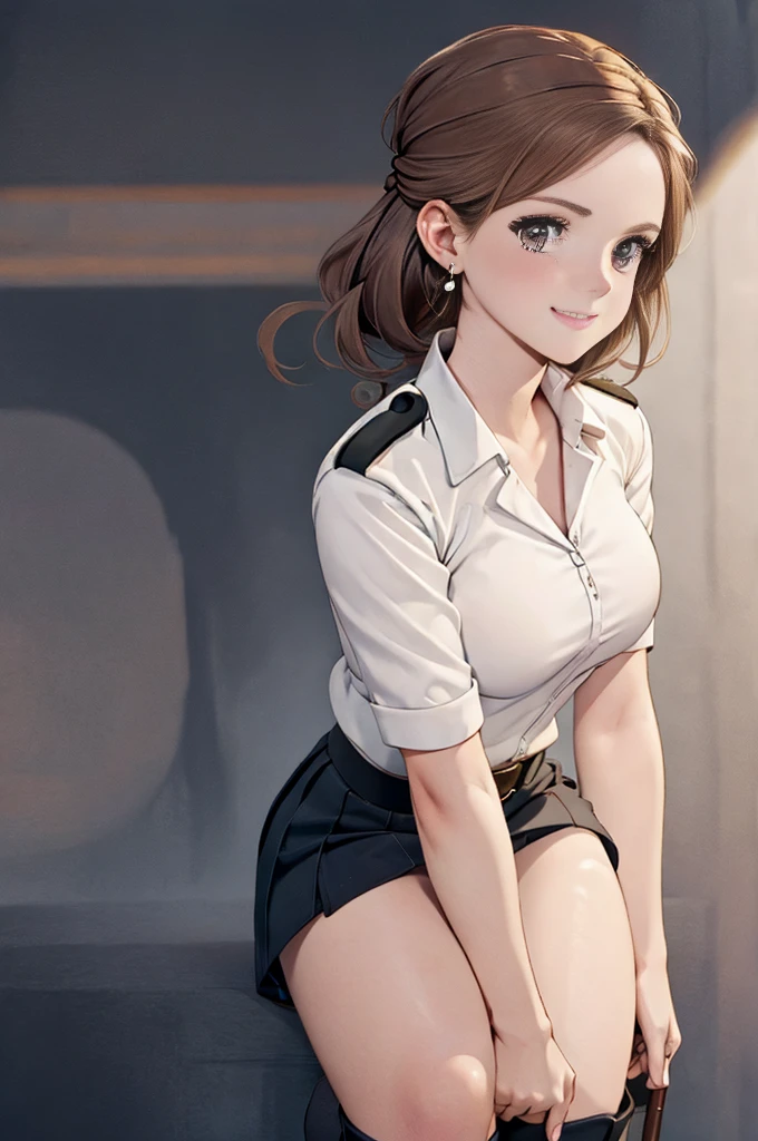 masterpiece,high resolution,1girl,solo,full body,woman,light smile,blush,medium breasts,skinny,realistic,20age,bar,aihaibara,police officer,miniskirt,earrings,braided boots,