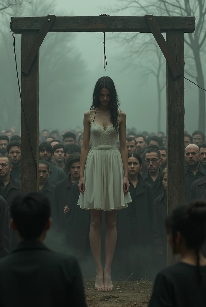 The hanging scene of the girl in white thigh high socks , gallows , many people around , the chair fell