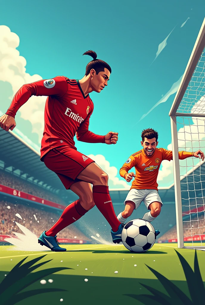 Ronaldo shoots ball into cartoon goalkeeper 